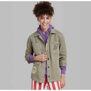 Ascot and Hart Utility Graphic Shacket Women's Size M Grunge Olive Green Button